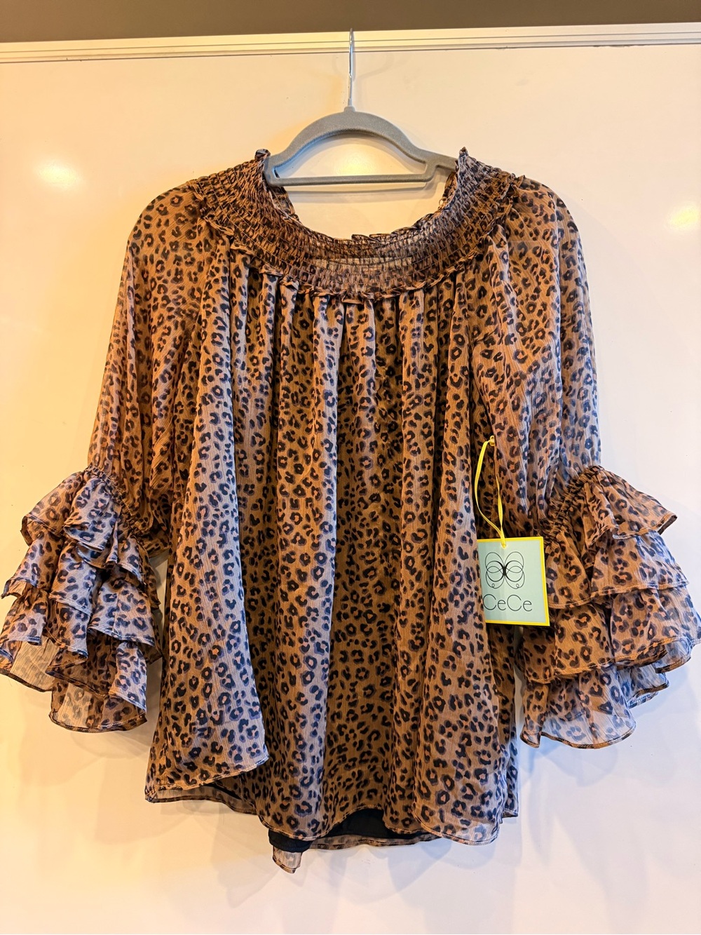 CeCe Leopard Print Ruffle Sleeve Off-the-Shoulder Blouse - Brown